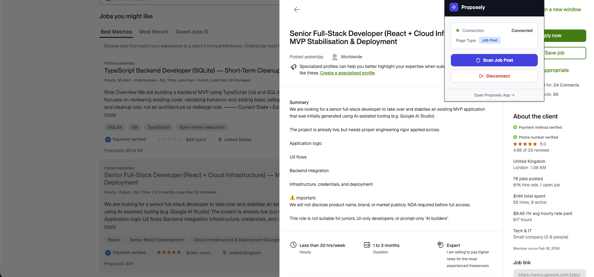 Chrome browser extension for Upwork job scanning and proposal automation